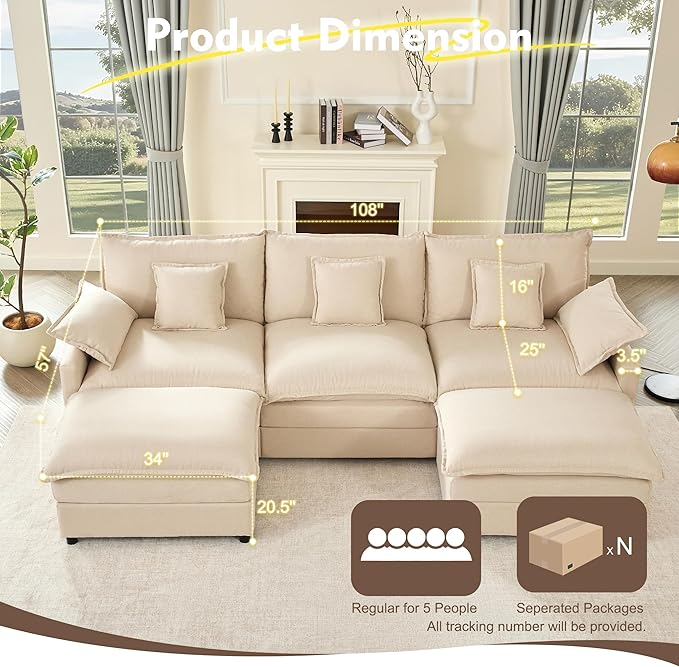 108" U Shaped Couch, Modular Sectional Sofa, 3-Seater Comfy Cloud Couch, Set of Modular Pieces with Movable Ottoman, Deep Seat Couches for Living Room, Linen, Beige