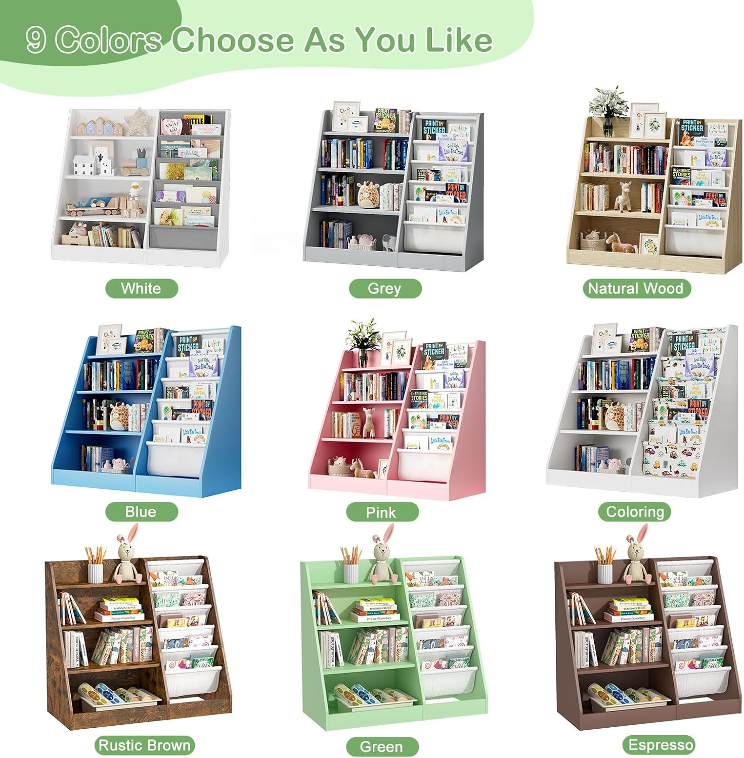 Kids Bookshelf Toddler Bookcase Children Book Rack Baby Toy Storage Organizer Child Book Display Shelf 4-Tier 5 Layer Sling Cabinet Chest Playroom Bedroom Classroom Library Green