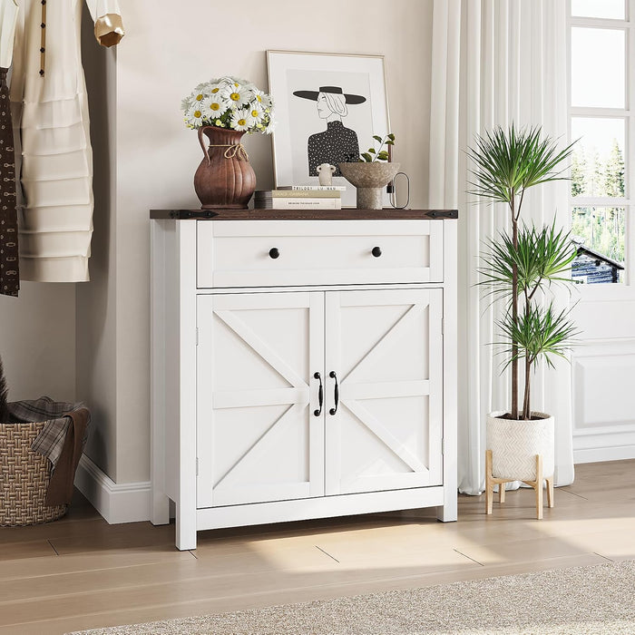 Farmhouse Sideboard Buffet Cabinet with Storage and Adjustable Shelf, Accent Table with Barn Door, Storage Cabinet for Kitchen, Dining Room, Bathroom, Entryway - White