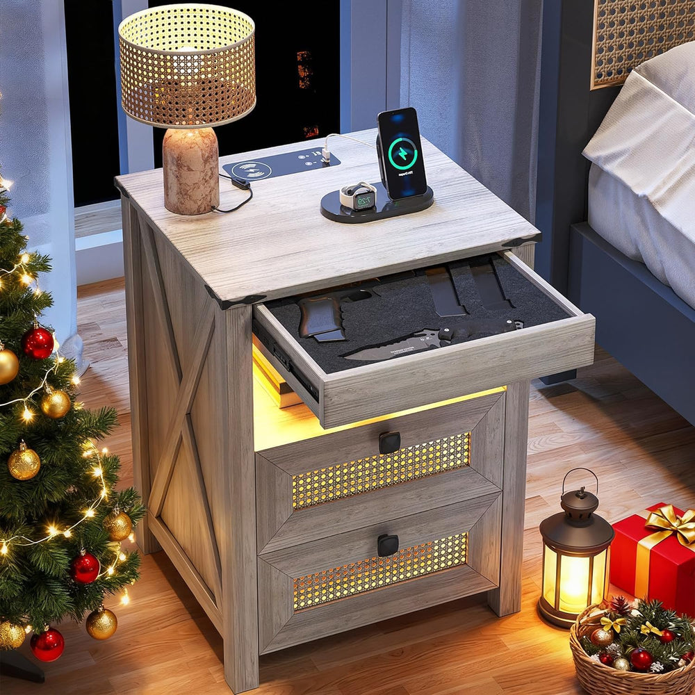 Night Stand with Gun Drawer, Bedside Table with Charger Station & LED Hum...