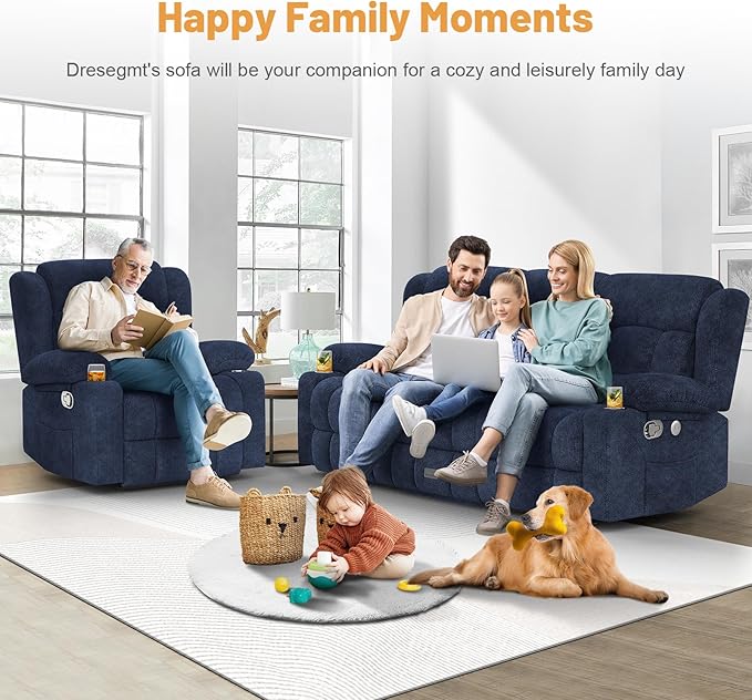Loveseat Recliner Sofa Set, Flip Middle Backrest Design 3 Seater Reclining Sofa and Single Oversized Recliner Chair, Manual Couches for Living Room/RV (Blue, 3+1)