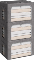 CYhom 3Pack Foldable Storage Bins - Frame Storage Box Linen Fabric Stackable Clothes Container Organizer with Clear Window & Carry Handles Large Capacity (Medium-36L, Dark Gray)