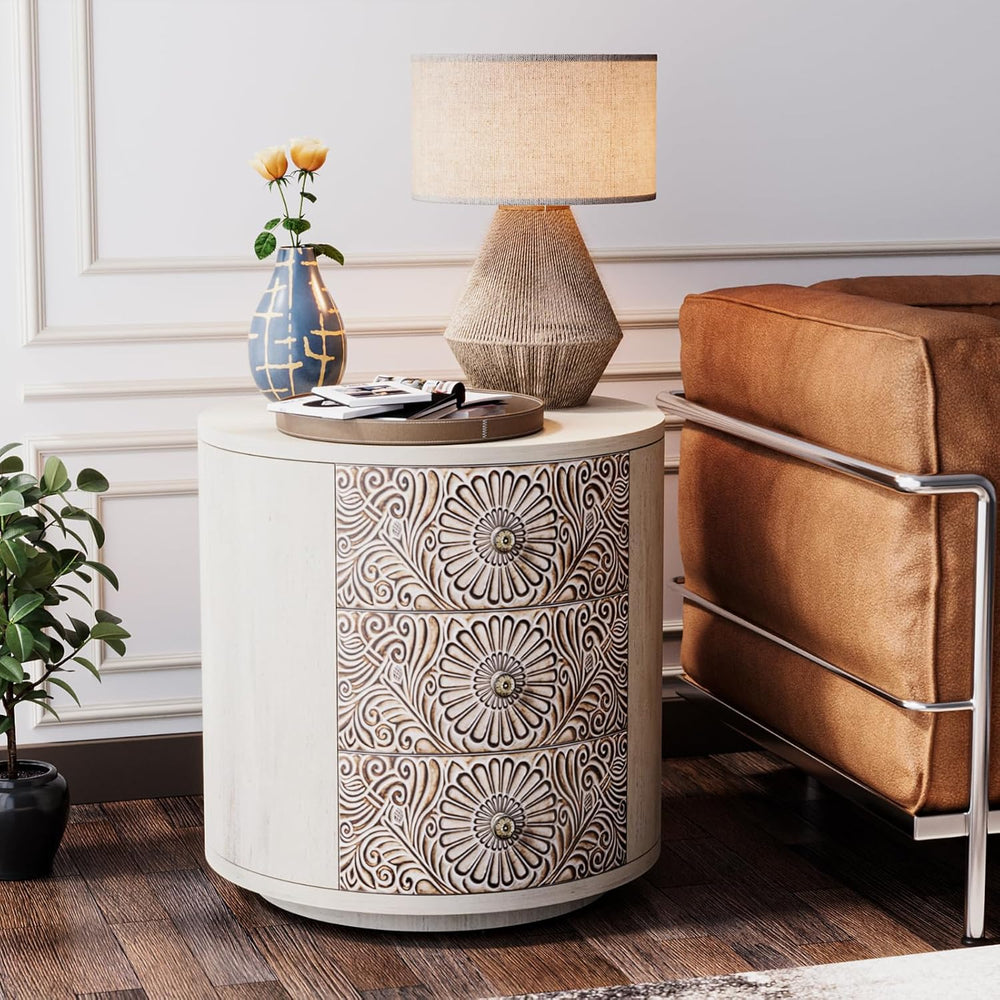 SUNBURY Round Night Stand Set of 2, Farmhouse Bedside Table, Farmhouse End Ta...