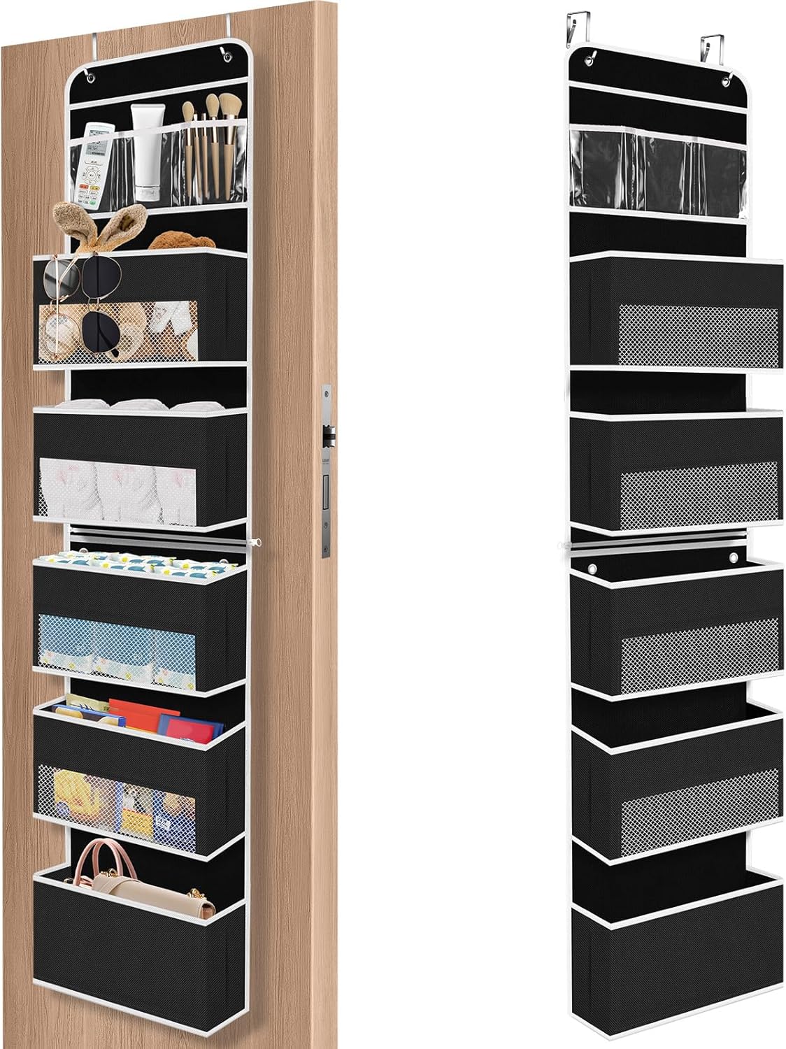 6-Tier Over The Door Organizer Hanging Storage Organizers with Clear Window 40lb Large Capacity Room Organizer for Pantry Bathroom Nursery Closet(Black)