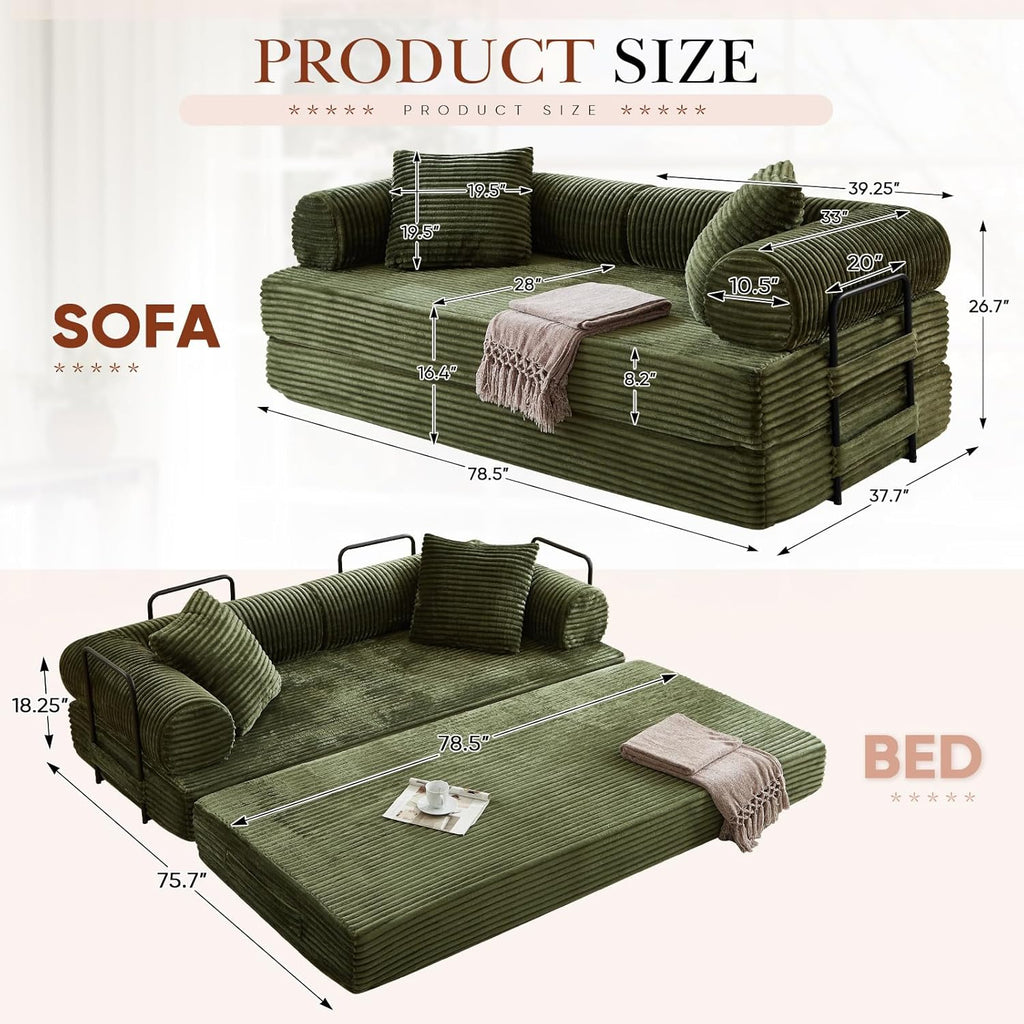 Antetek Modular Couch Bed, Convertible Folding Plush Corduroy Comfy Floor Compression Loveseat Sleeper Sofa Couch, King Size Bed for Guest Room Living Room Bedroom, No Assembly Required, Green