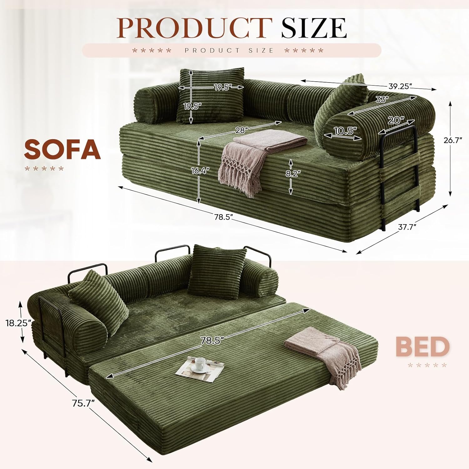 Antetek Modular Couch Bed, Convertible Folding Plush Corduroy Comfy Floor Compression Loveseat Sleeper Sofa Couch, King Size Bed for Guest Room Living Room Bedroom, No Assembly Required, Green