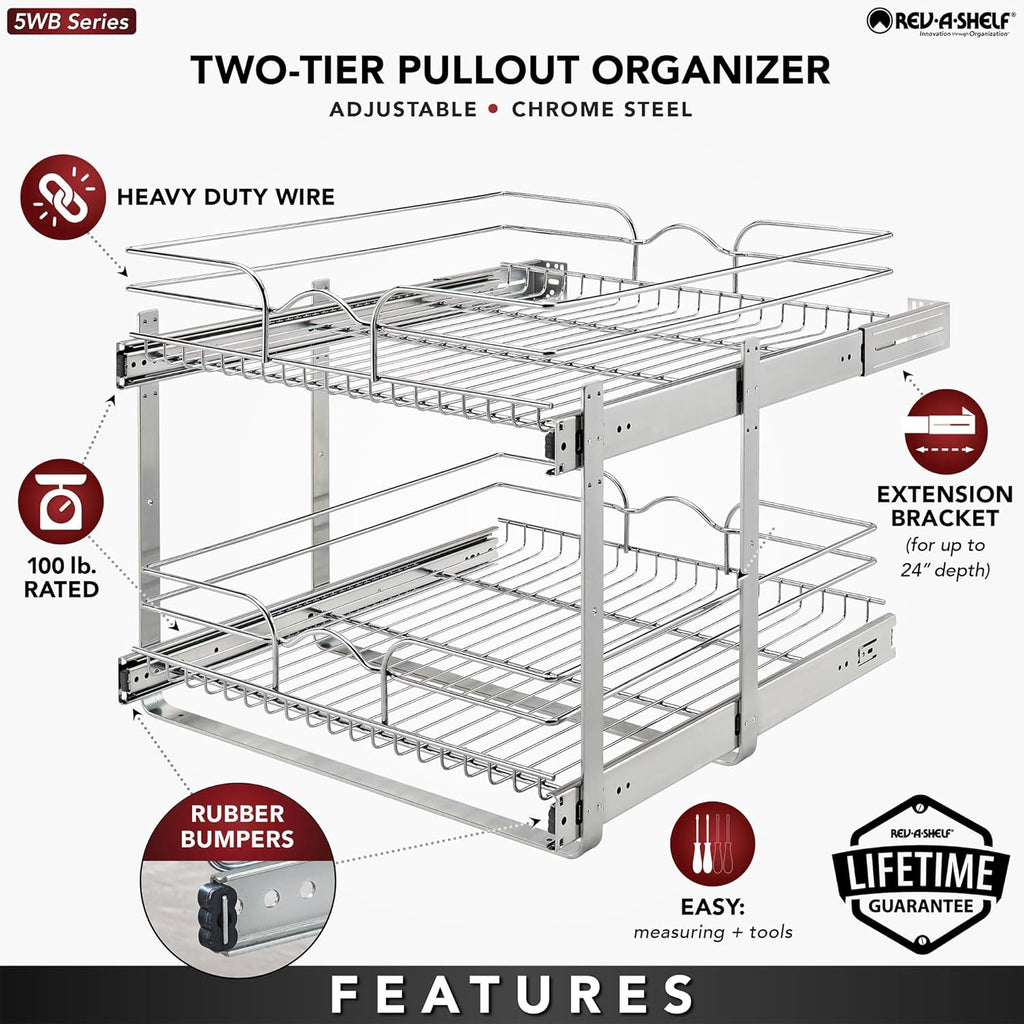 Rev-A-Shelf 2 Tier Kitchen Cabinet Pullout Shelf and Drawer Organizer Slide Out Pantry Storage Basket in Multiple Sizes, 21 x 22 In, 5WB2-2122CR-1