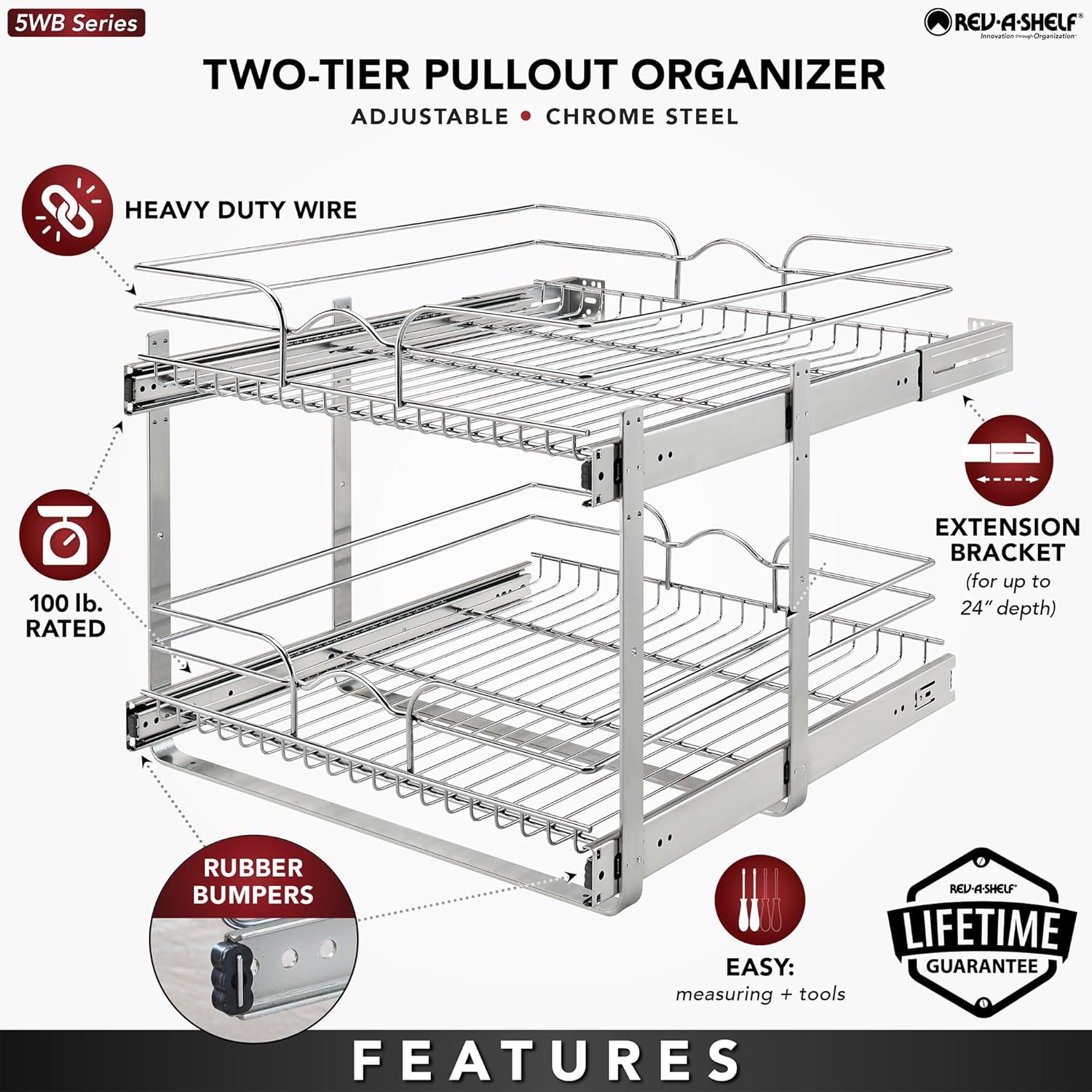 Rev-A-Shelf 2 Tier Kitchen Cabinet Pullout Shelf and Drawer Organizer Slide Out Pantry Storage Basket in Multiple Sizes, 21 x 22 In, 5WB2-2122CR-1