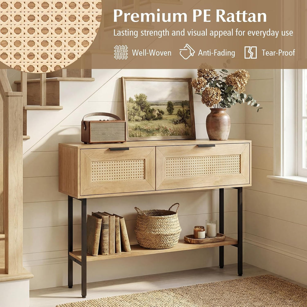 GIANTEX Rattan Console Table with Storage, 40" Long Boho Entryway Table ...