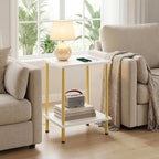 HOOBRO Side Table with Charging Station, End Table with USB Port and Outlet, Nightstand with 2-Layer Storage Shelves for Small Spaces, Living Room, Bedroom, Stable Frame, White and Gold DW09UBZ01