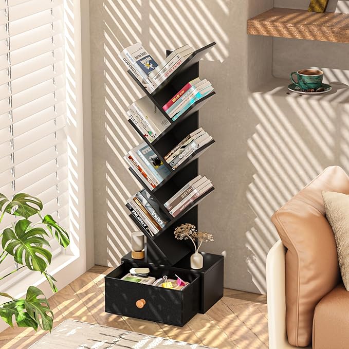 8 Tier Tree Bookshelf with Drawer, Free Standing Wood Bookcase for Living Roo...