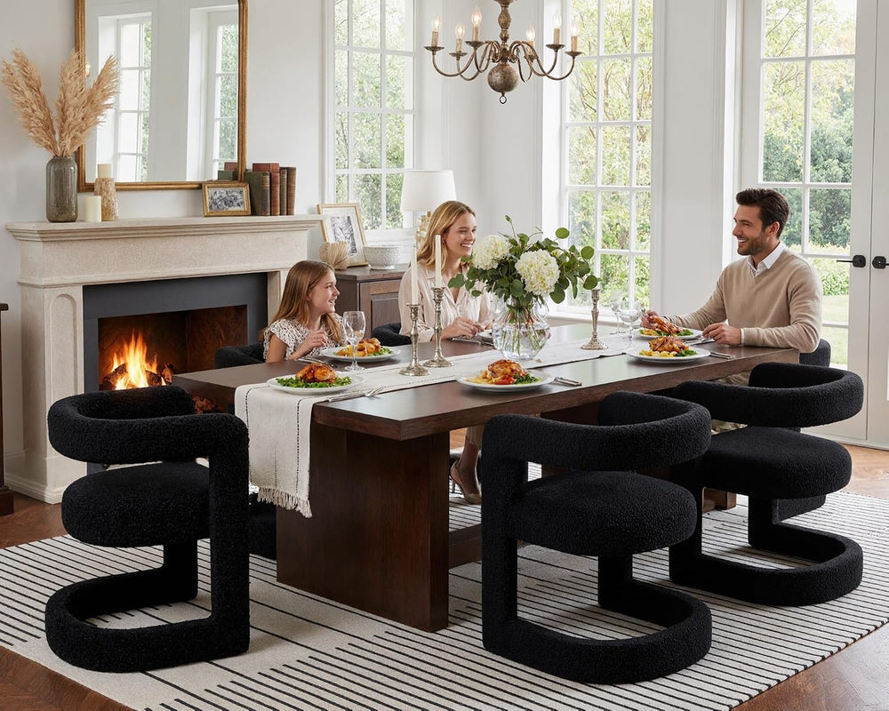 Black Barrel Dining Chairs Set of 6, Modern Boucle Upholstered Dining Room Ch...