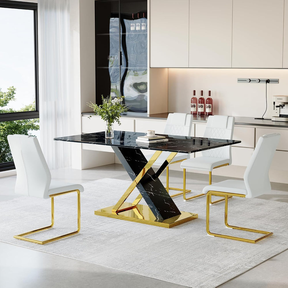 YUNDREAM Modern Marble Dining Table Set for 4,Black Gold 63'' Dining ...
