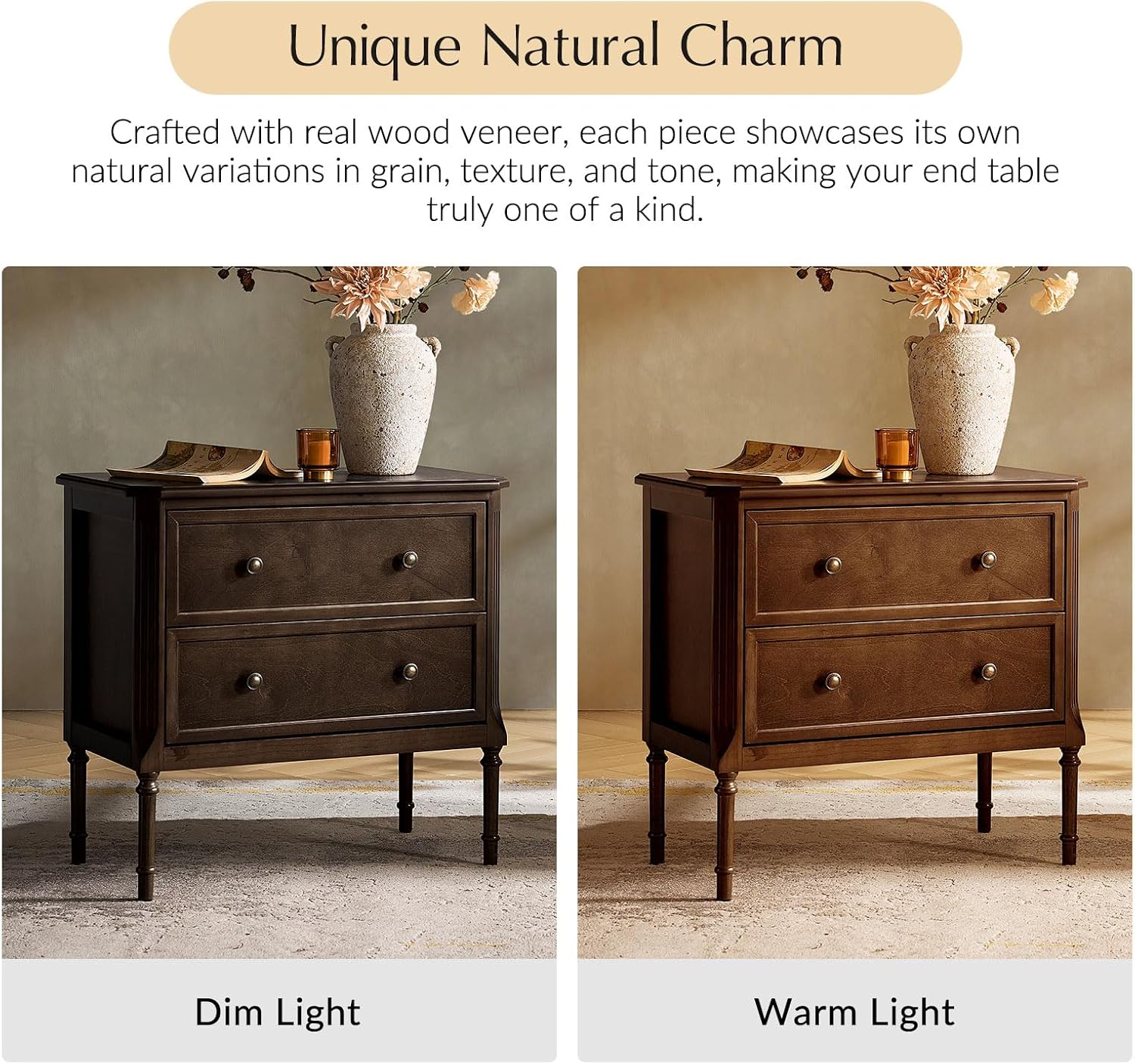 HULALA HOME Solid Wood End Table with Charging Station, Mid-Century Modern End Table with 2 Drawer, Adjustable Solid Wood Feet, Easy Assembly Set of 2, Walnut