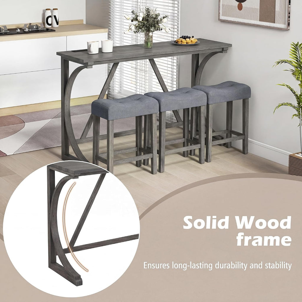 COSTWAY 4-Piece Farmhouse Bar Table Set with Power Outlet | Counter Height Dining Table Set w/ 3 Upholstered Stools, Wood Console Table Set for Kitchen, Dining Room, Living Room, Gray