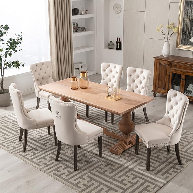 KCC Velvet Dining Chairs Set of 4, Upholstered High-end Tufted Dining Room Chair with Nailhead Back Ring Pull Trim Solid Wood Legs, Nikki Collection Modern Style for Kitchen, Beige