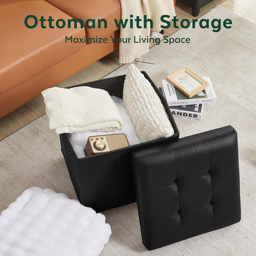 17.7" Ottoman with Storage, Square Storage Ottoman for Dorm, Faux Leathe...