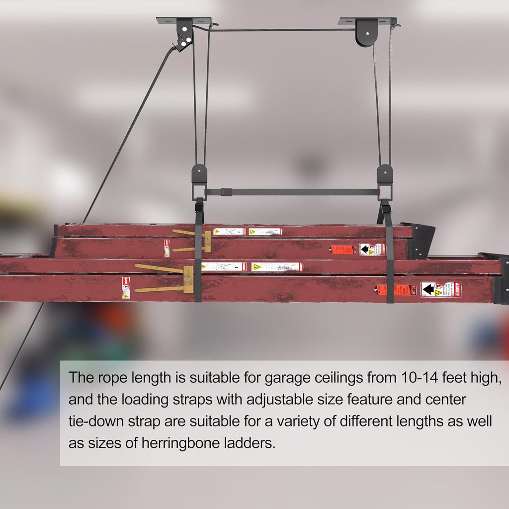 TRUSOON Ladder Storage, Larger Pulley Ladder Hoist, Self Locking Function Ladder Hanger, Garage Ceiling Mount Lift System for Kayak, Cargo Box, Canoe, Bike,Fit 10-14 Foot Ceilings, Hold 150 lbs