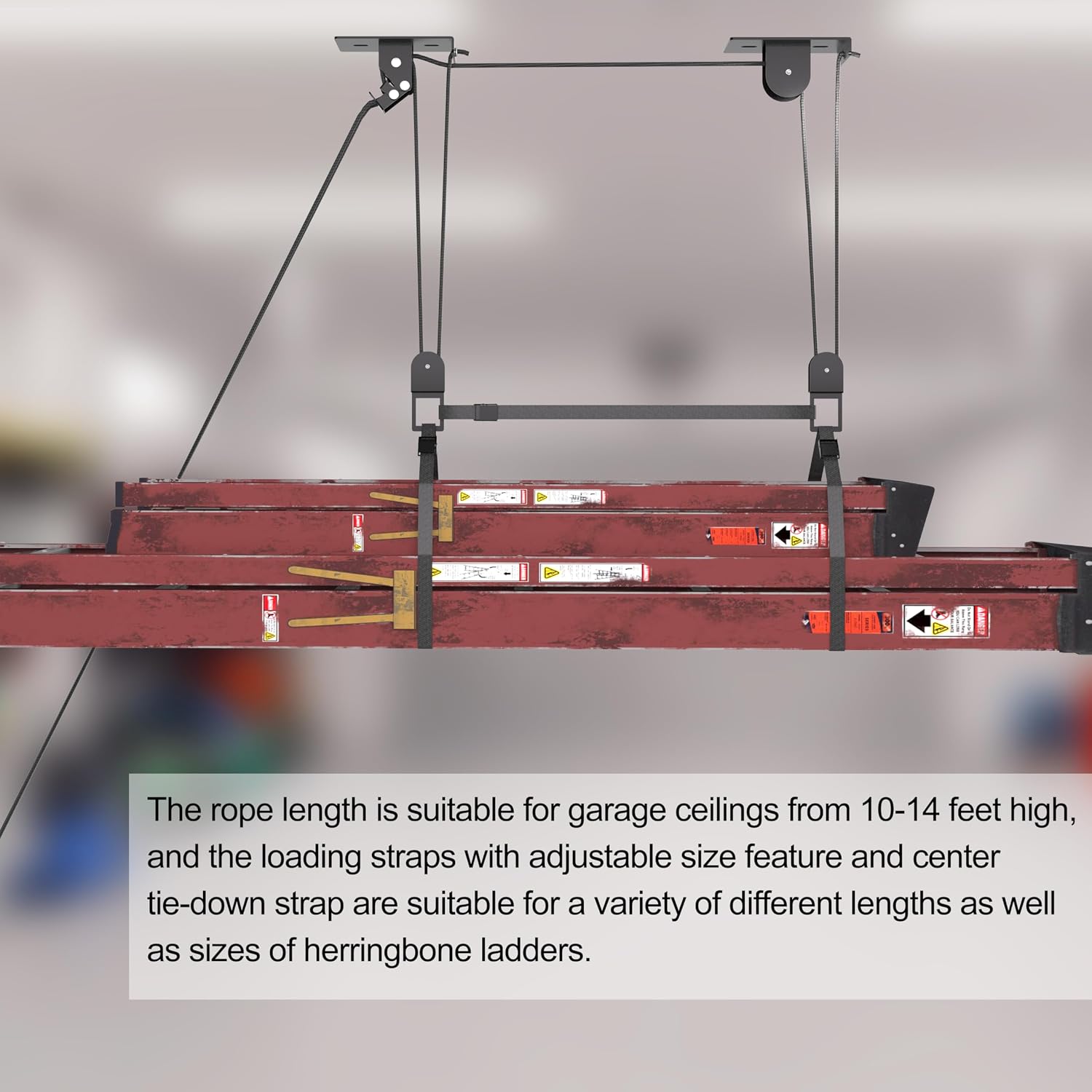 TRUSOON Ladder Storage, Larger Pulley Ladder Hoist, Self Locking Function Ladder Hanger, Garage Ceiling Mount Lift System for Kayak, Cargo Box, Canoe, Bike,Fit 10-14 Foot Ceilings, Hold 150 lbs