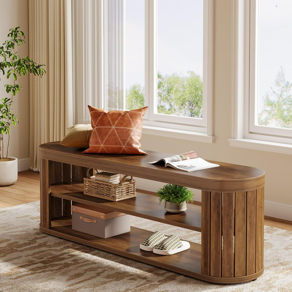Tribesigns 47.2" Wooden Entryway Bench with 2-Tier Shoe Storage, Farmhou...