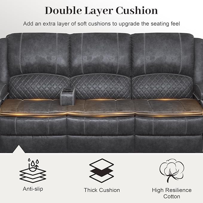 Velvet Fabric Recliner Sofa, 3 Seater Manual Reclining Sofa with 2-Tier Cushion, Reclining Couches for Living Room with Removable Console, Hidden Storage Space, Cup Holders - Grey