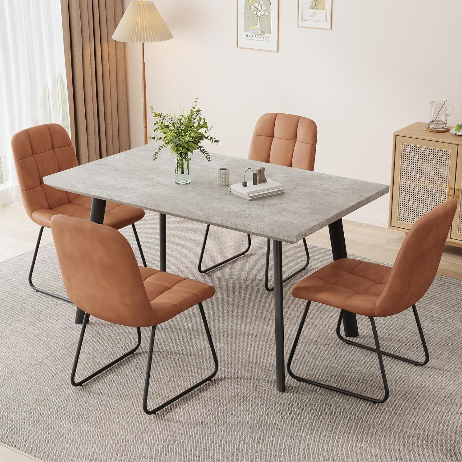 ZckyCine 46.5" Grey Dining Table Set for 4, 5-Piece Modern Kitchen Table with 4 PU Leather Upholstered Chairs, Easy Assembly, Space-Saving Dining Room Set for Apartment, Home, Breakfast Nook