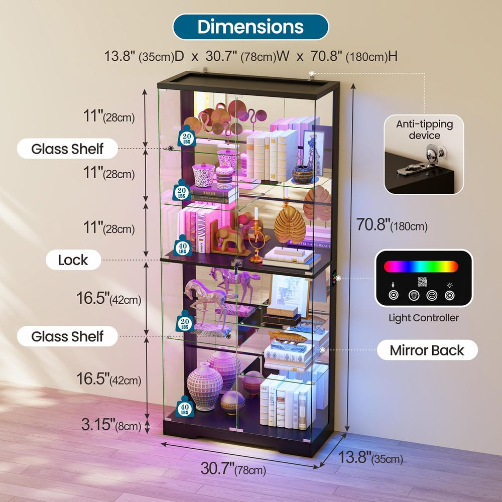 Lvifur 10-Tier Glass Display Cabinet with RGB Light and Motion Sensor,Black