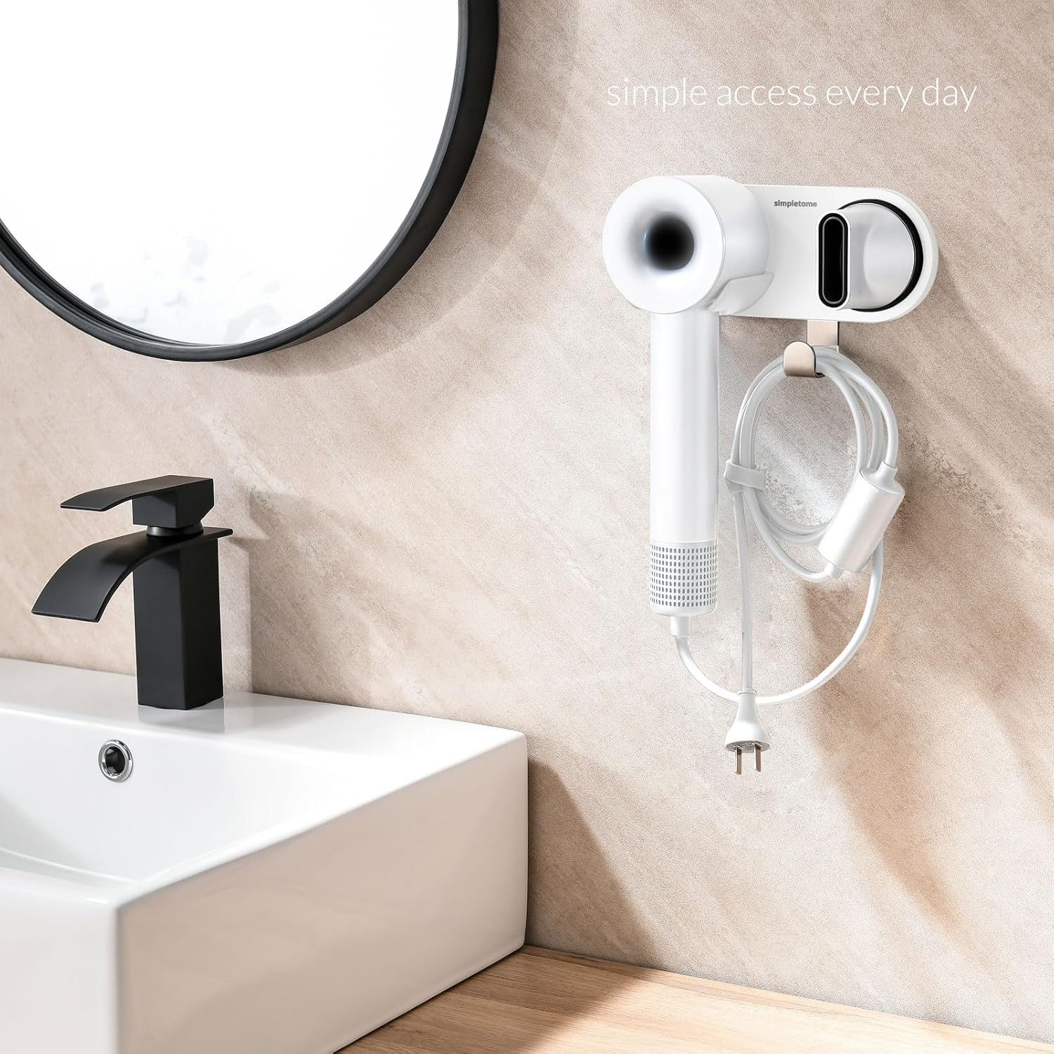simpletome Hair Dryer Holder Wall Mount for All Magnetic High Speed Blow Dryer with Plug Cord Organizer Hook (ABS Plastic, White)