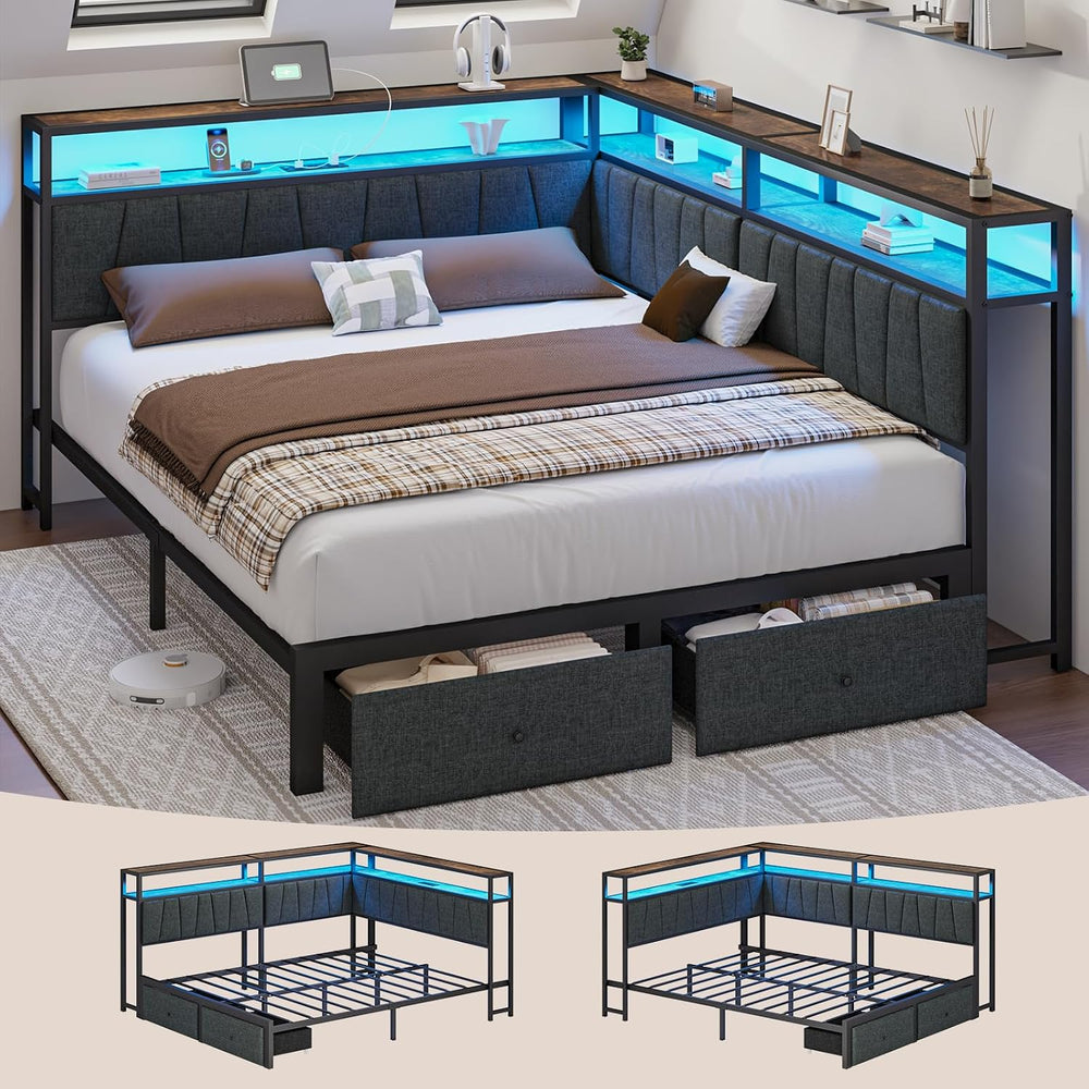Queen Corner Bed Frame with Storage Drawers, Modern Daybed with LED Lights an...