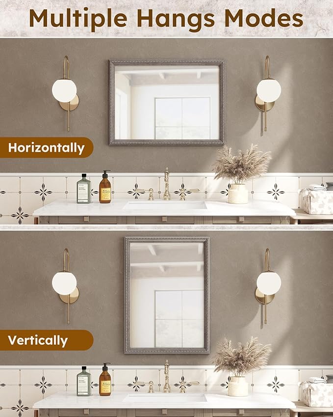 Axeman 22x30 Wood Wall Mirror, Rustic Bathroom Mirror, Vintage Wall Mounted Mirror Tempered Glass with Beaded Wooden Frame for Farmhouse Living Room Vanity Bedroom Entryway, Grey