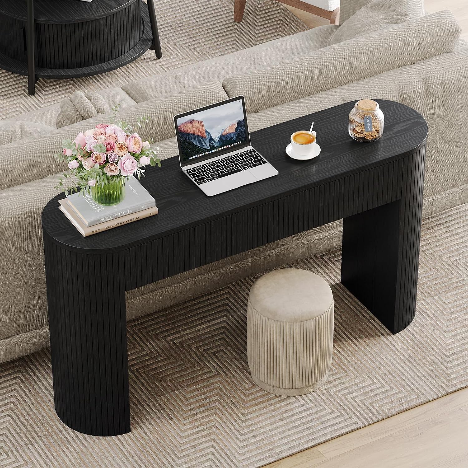 Entryway Table with Storage, Mid-Century Console Tables with 2 Drawers, Modern Fluted Sofa Table Behind The Couch, Foyer Tables for Entryway, Couch,Livingroom (Black, 55 Inches)
