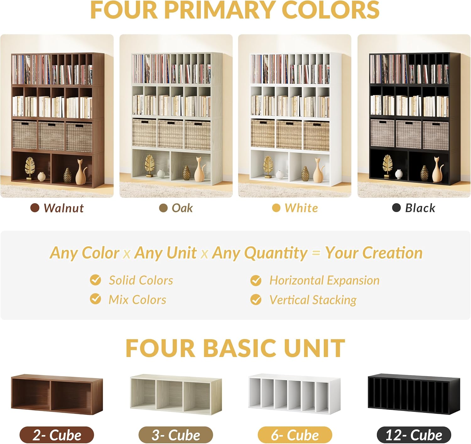 IOTXY DIY Modular Cube Bookcase - CubeXY Customizable Stackable Expandable Basic Shelving Units, 3-Cube Wooden Open Bookshelf for Fabric Storage Bin Organizer, White