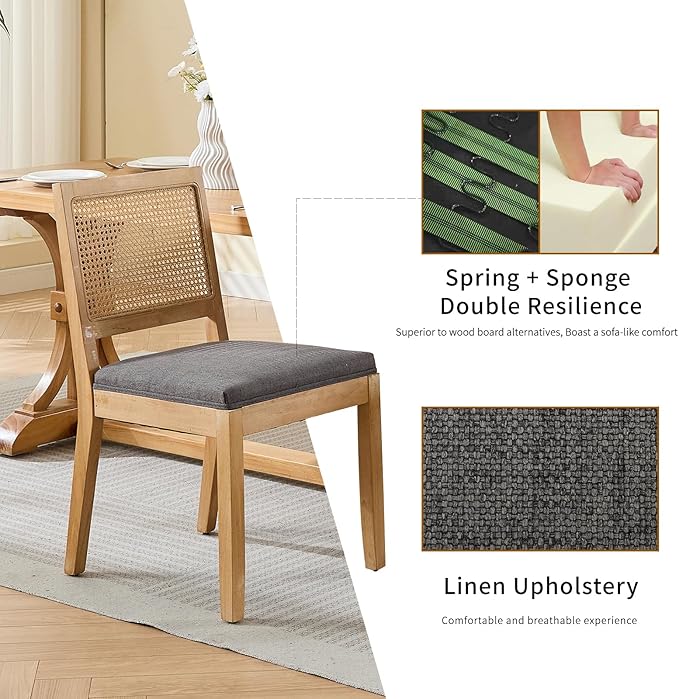 French Country Dining Chairs Set of 2, Grey Kitchen & Dining Room Chairs Set of 2, Rattan Dining Chairs, Cane Low Back, Wood Legs, Sillas De Comedor (Rattan, Gray, 2Pcs)