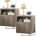 LEYAOYAO Fluted Farmhouse Nightstand Set of 2 with Charging Station, 23" Wide 2 Drawers End Table,Grey Dresser for Bedroom,Bed Side Table Chest of Drawers Cabinet,Wood Night Stand for Living Room