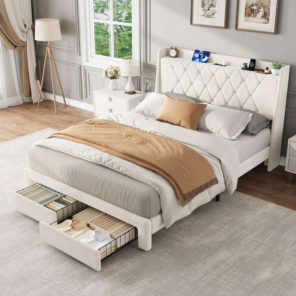 Garvee Full Size Bed Frame with Storage, Velvet Upholstered Platform Bed Fram...