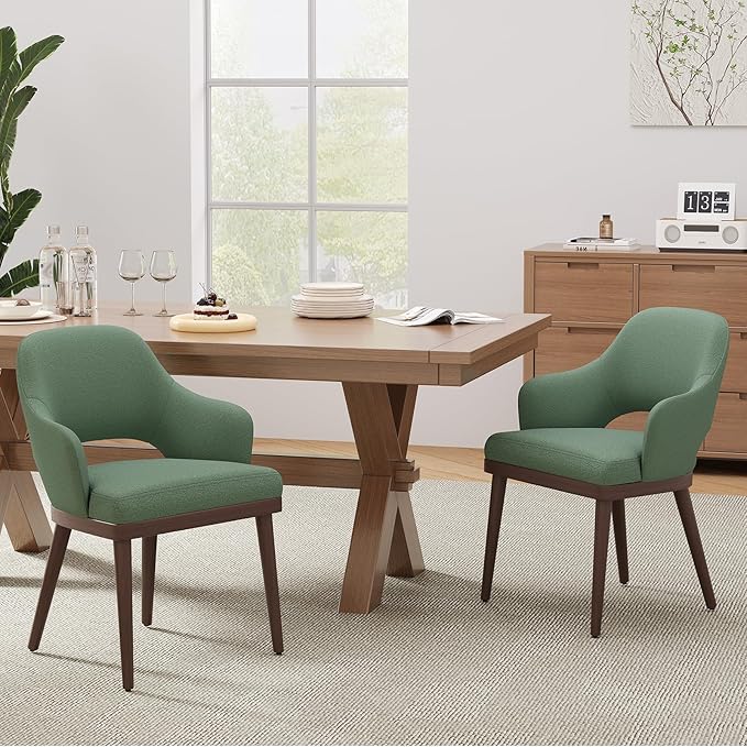 Wooden Dining Chairs Set of 2, Modern Fabric Upholstered Dining Room Chair, Kitchen Side Chairs, Farmhouse Dinner Chair with Open Back for Kitchen, Green