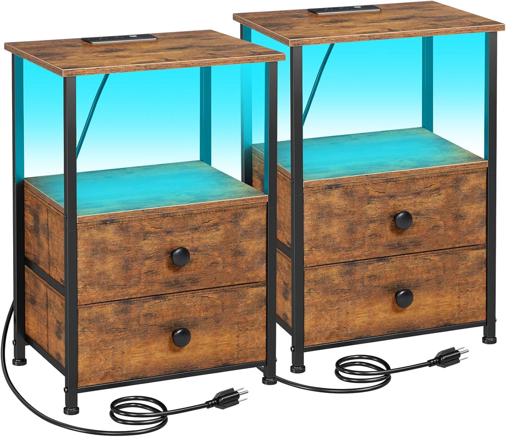 LOAKEKEL Nightstands Set of 2, LED Night Stand with Charging Station | Bedsid...