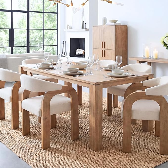 Farmhouse Dining Chairs Set of 6 - Upholstered Armchairs with Linen Cushions & Curved Wooden Arms, Barrel Wood Kitchen Chairs for Dining Room/Cafe/Kitchen Island (Oatmeal Beige)
