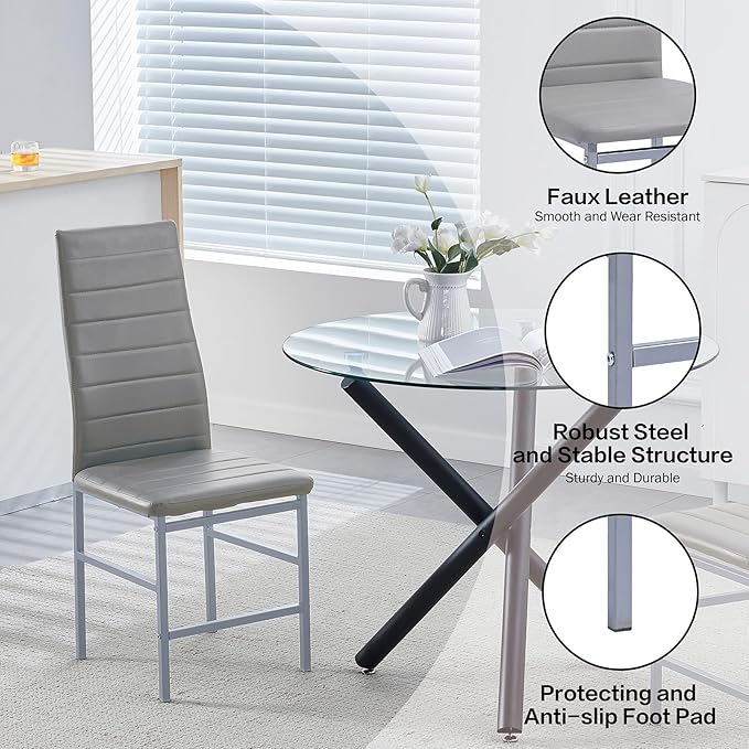 PU Dining Chairs Set of 4, Modern Kitchen & Dining Room Chairs Faux Leather Upholstered Dinner Chairs with Metal Legs for Small Space (Gray, Crossbar)