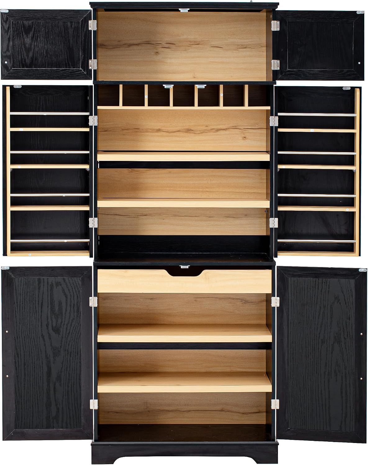 78.2" Tall Farmhouse Kitchen Pantry with 6 Doors and 8 Racks, Wood Cupboard Storage Cabinet with 4 Adjustable Shelves, Hidden Drawer, Wine Rack for Kitchen, Dining & Bathroom (Ash Black-11.22)