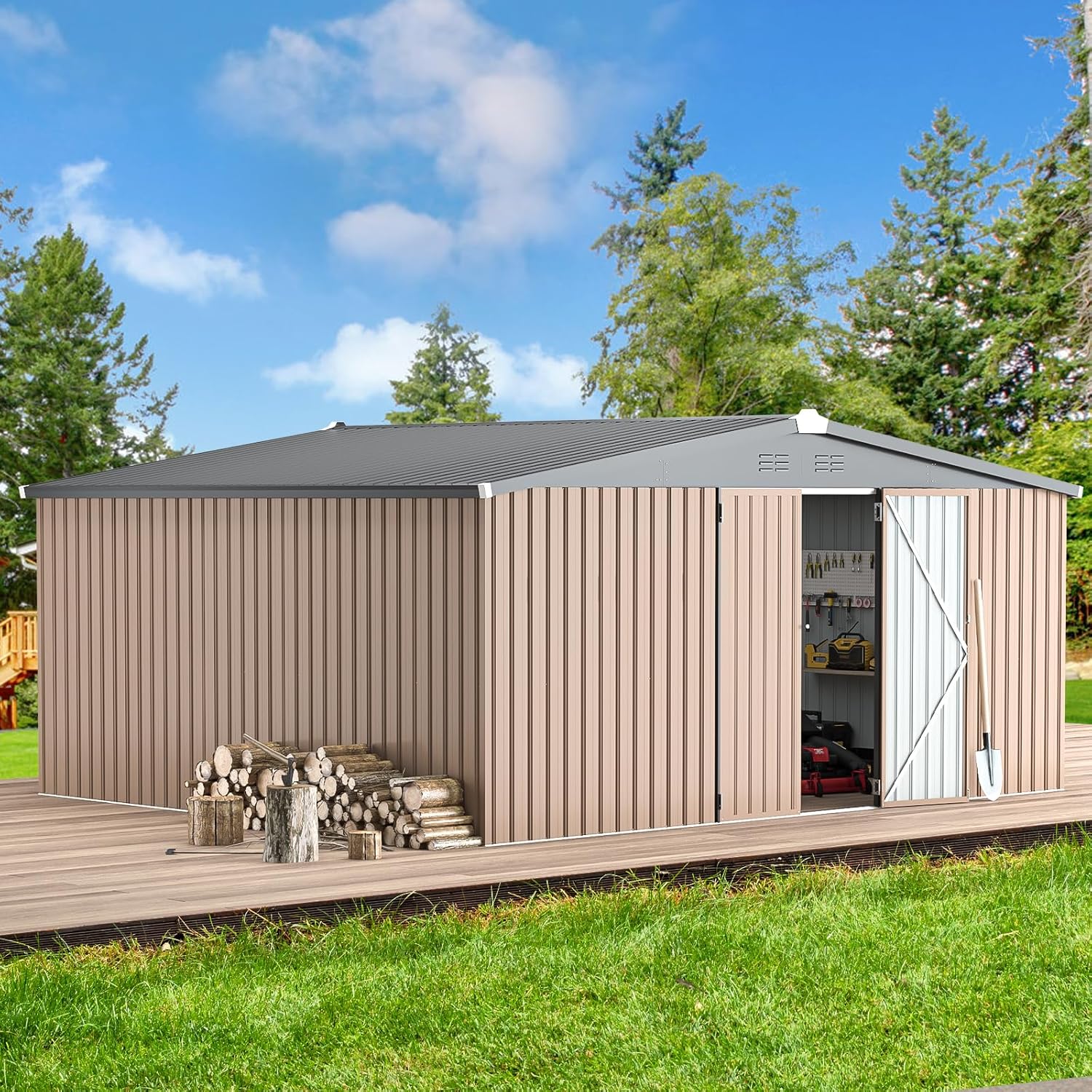 AECOJOY 12' x 14' Shed Outdoor Metal Storage, Large Storage Sheds & Outdoor Storage Clearance 14' x 12', Large Steel Yard Shed, Tool Storage for Garden, Backyard, Patio, Outside use in Grey