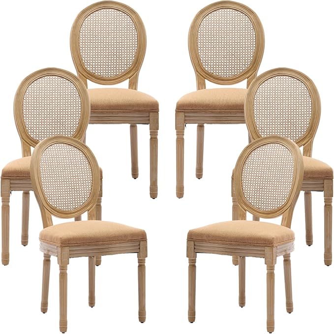 French Country Dining Chairs Set of 6, Caramel Kitchen & Dining Room Chairs Set of 6, Rattan Dining Chairs, Cane Back, Wood Legs, Sillas De Comedor (Rattan, Amber, 6Pcs)