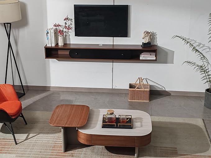 Furninova Floating TV Stand,Wall Mounted Entertainment Center for 50 Inch TV,Plywood Floating Media Console with 1 Flip Down Door & Cable Management,Modern Space Saving TV Shelf,47 Inch,Walnut & Black
