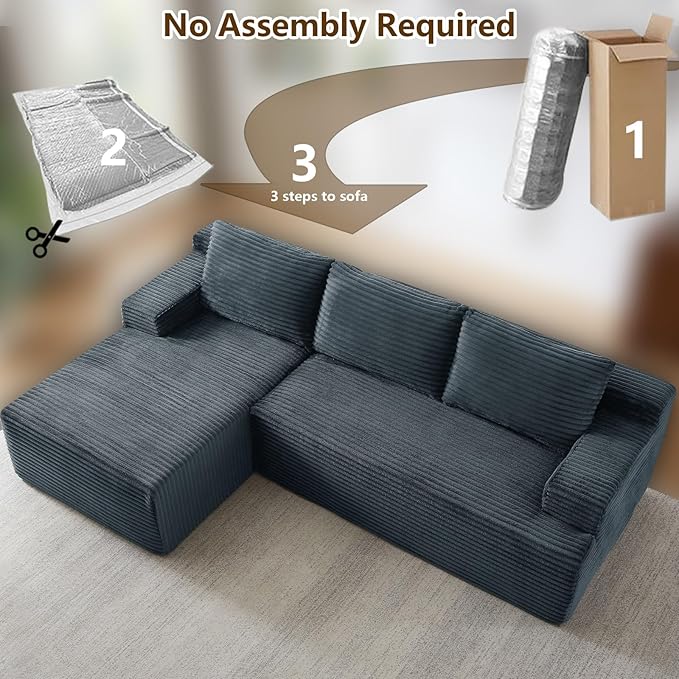 96.1" Modular Sectional Sofa Couches L-Shape Couch 3 Seat Modular Sofa Corduroy Memory Foam Sectional Boneless Couches for Living Room, Cloud Couch with Oversized Chaise(Dark Gray, Left Facing)