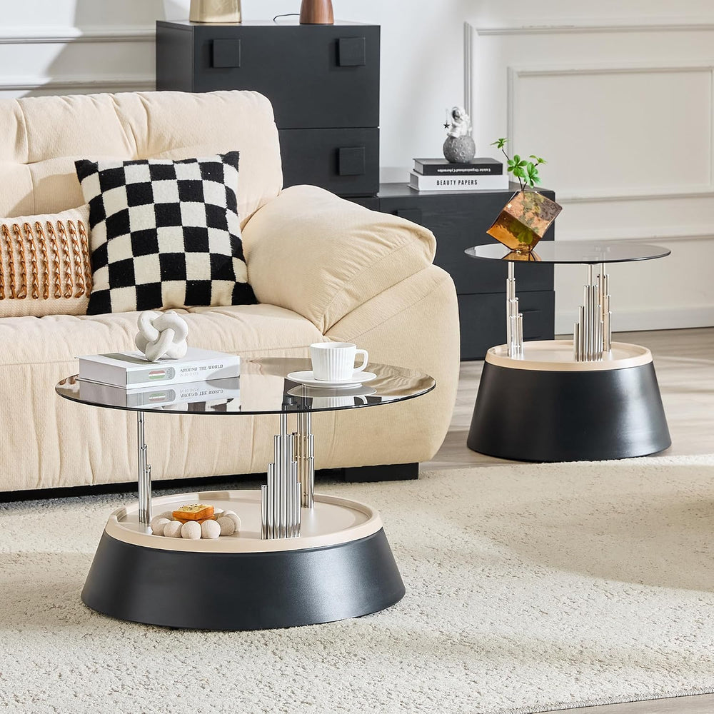 2-Piece Nesting Coffee Table Set with Tempered Glass Top, Black and Silver | ...