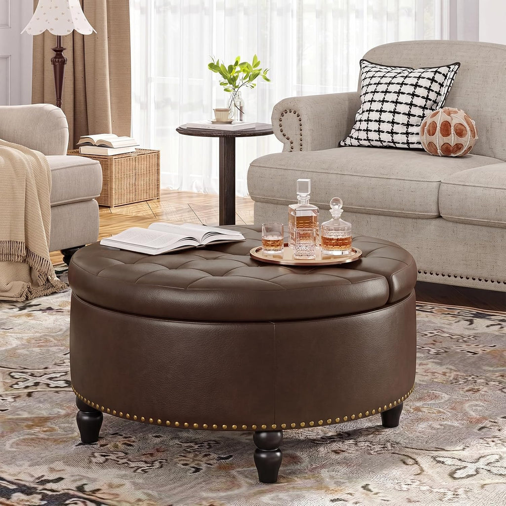 FiveWillowise 30 Inch Large Round Ottoman with Storage Circular,Chocolate | Leather Coffee Table with Lift Top,Modern Upholstered Button Tufted Footrest Stool Solid Wood Legs for Living Room,Bedroom