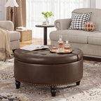 FiveWillowise 30 Inch Large Round Ottoman with Storage Circular,Chocolate | Leather Coffee Table with Lift Top,Modern Upholstered Button Tufted Footrest Stool Solid Wood Legs for Living Room,Bedroom