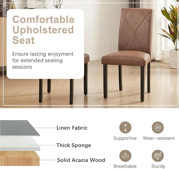 VECELO Upholstered Dining Chairs Set of 6, Modern PU Leather and Solid Wood Legs & High Back for Kitchen/Living Room- Brown