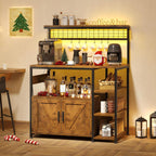 TVU Bakers Rack with Power Outlet and LED Light, Microwave Stand with Storage Cabinet, Coffee Bar Cabinet Station with 6 Hooks for Kitchen, Dining Room, Living Room, Coffee Bar, Rustic Brown, Black