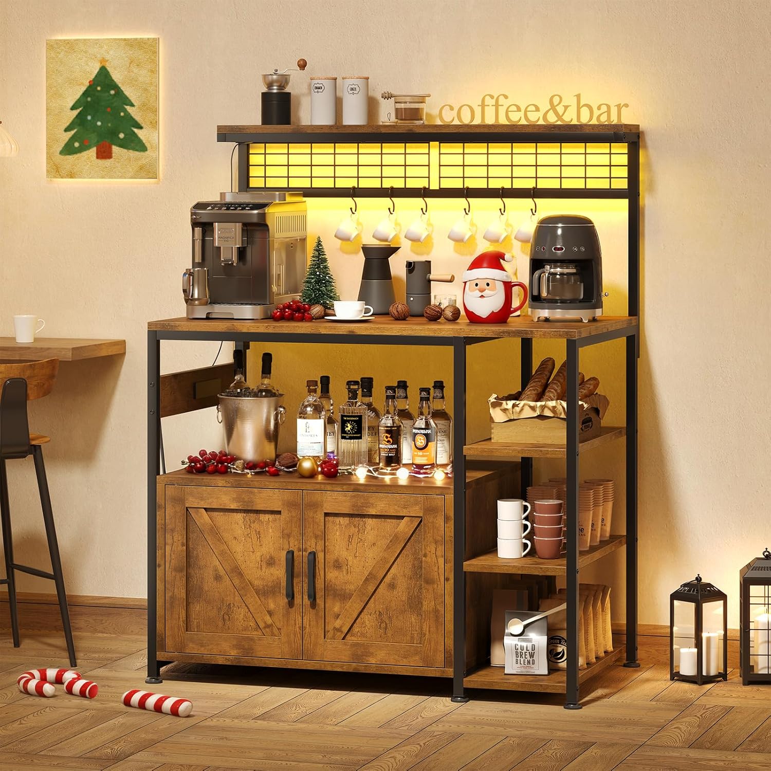 TVU Bakers Rack with Power Outlet and LED Light, Microwave Stand with Storage Cabinet, Coffee Bar Cabinet Station with 6 Hooks for Kitchen, Dining Room, Living Room, Coffee Bar, Rustic Brown, Black